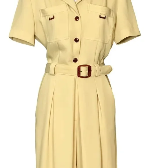 Vintage Cache Jumpsuit Dressy Pale Yellow Short Sleeve Belted Career Retro Sz 6 - Picture 8 of 11